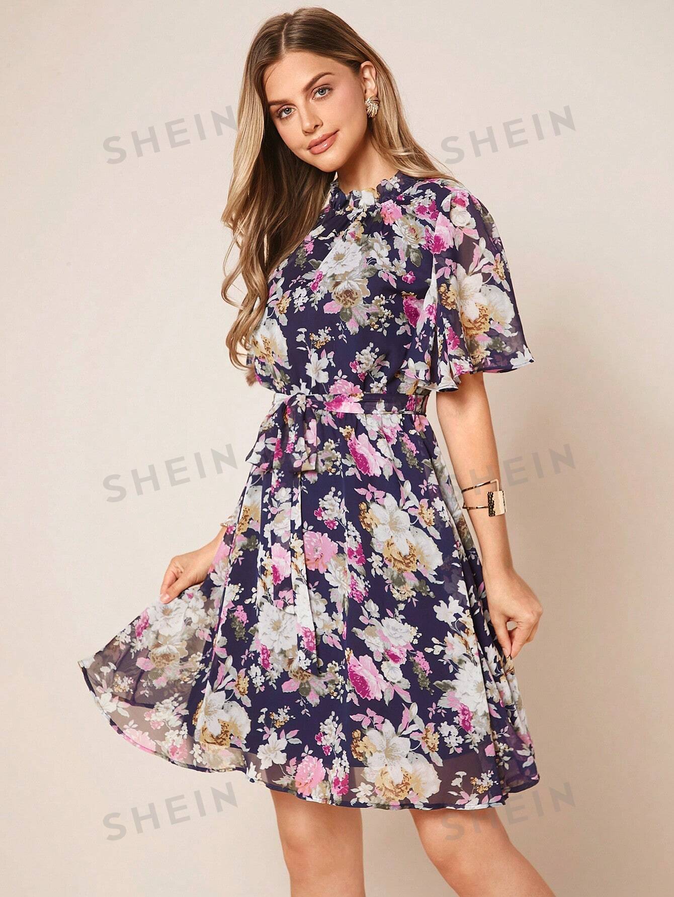 Floral Print Belted Chiffon Dress