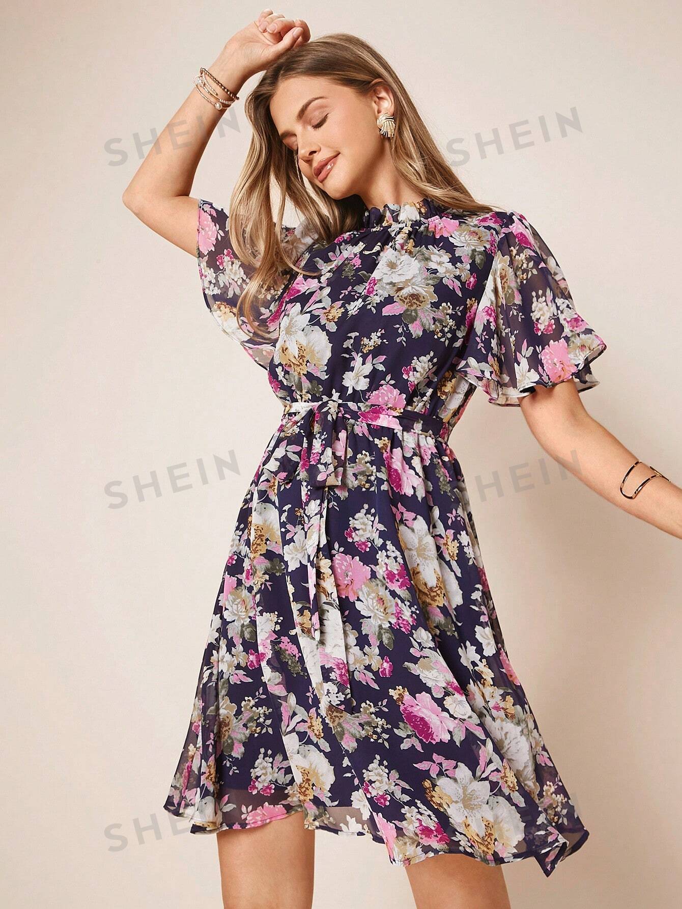 Floral Print Belted Chiffon Dress