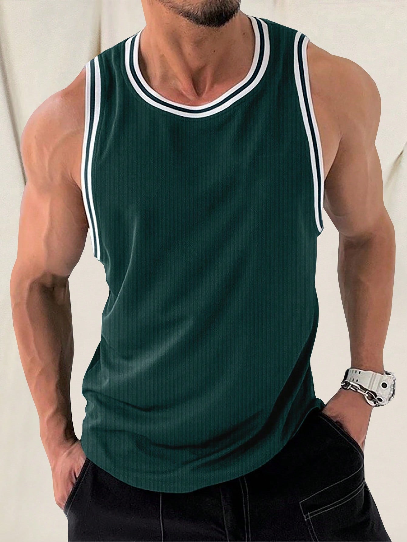 Men's Casual Striped Tank Top, Sleeveless, Round Neck, Contrast Trim