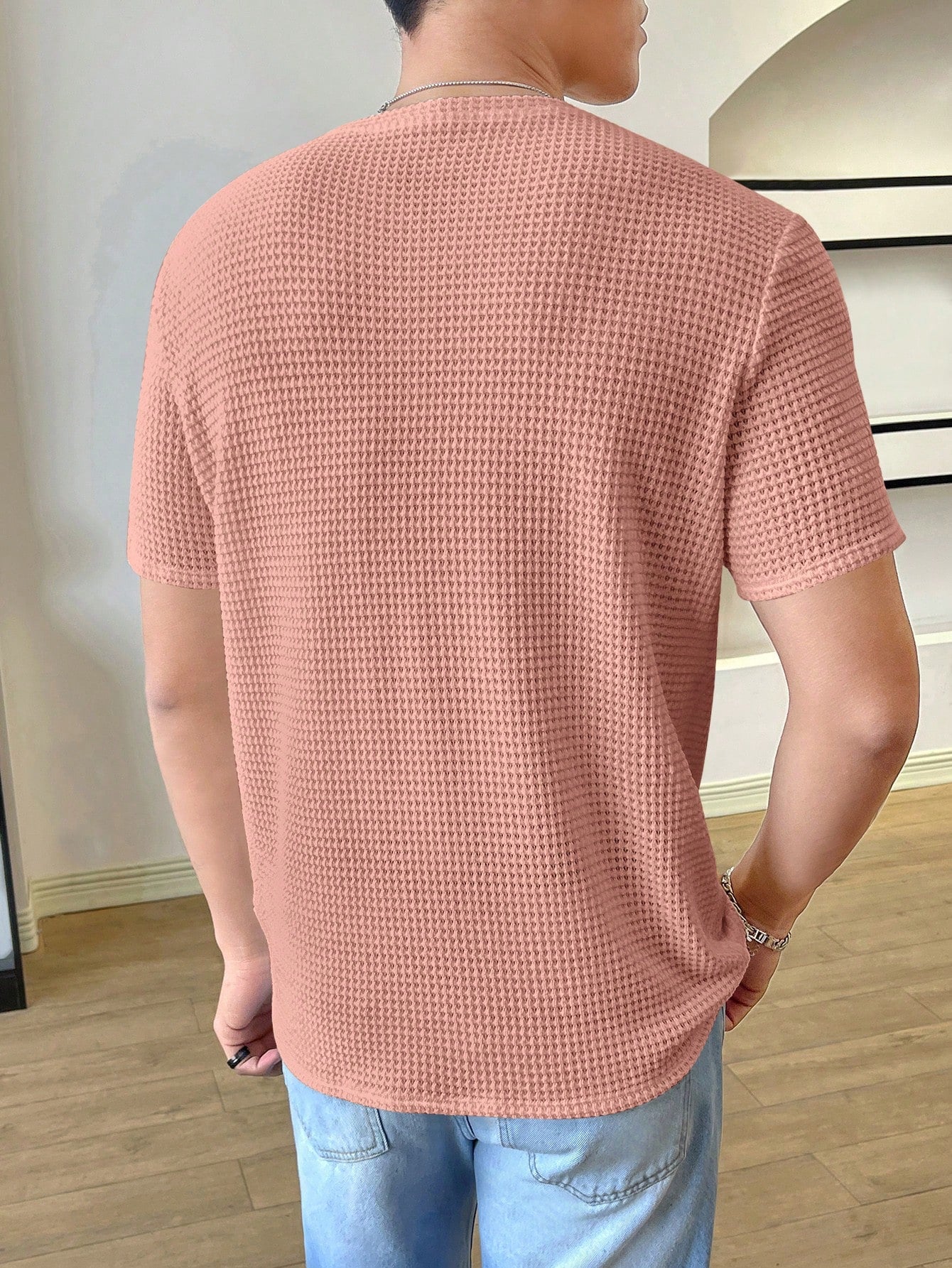 Men's Casual Solid Waffle Knit Tee, Round Neck, Short Sleeve, Regular Fit