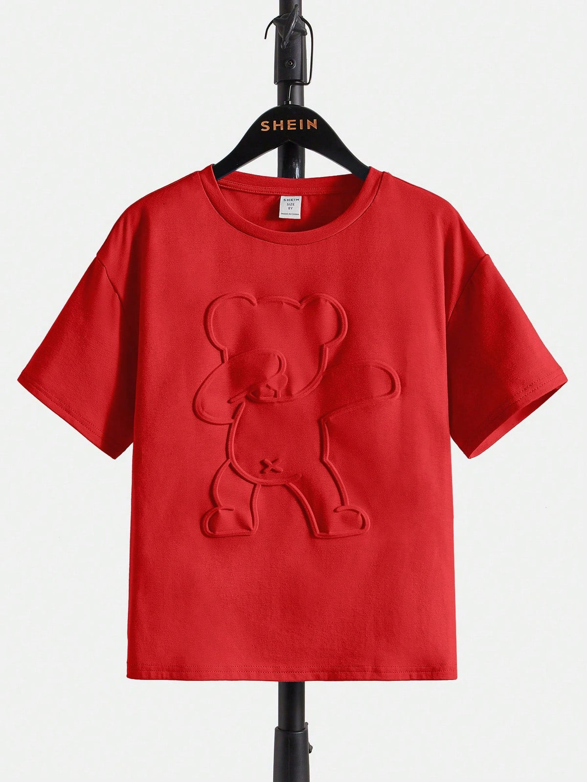 Tween Boys' Casual Bear Embossed T-Shirt, Drop Shoulder, Summer-Ready, Short Sleeve