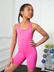 Tween Girl Sleeveless Criss Cross Backless Sports Romper - Slim Fit, Medium Stretch