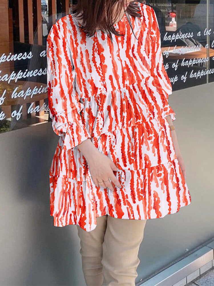 Stripe Round Neck Ruffle Long Sleeve Blouse