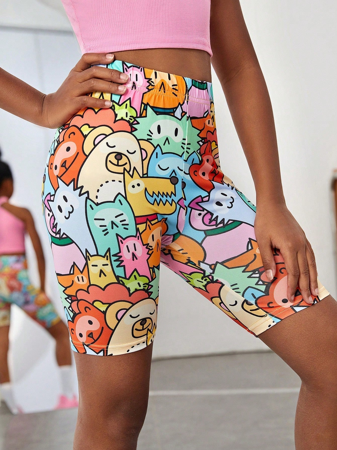 Colorful Cartoon Printed Tween Girl Knitted Cycling Leggings - High Stretch, Biker Shorts