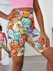 Colorful Cartoon Printed Tween Girl Knitted Cycling Leggings - High Stretch, Biker Shorts