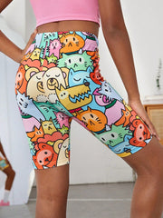 Colorful Cartoon Printed Tween Girl Knitted Cycling Leggings - High Stretch, Biker Shorts
