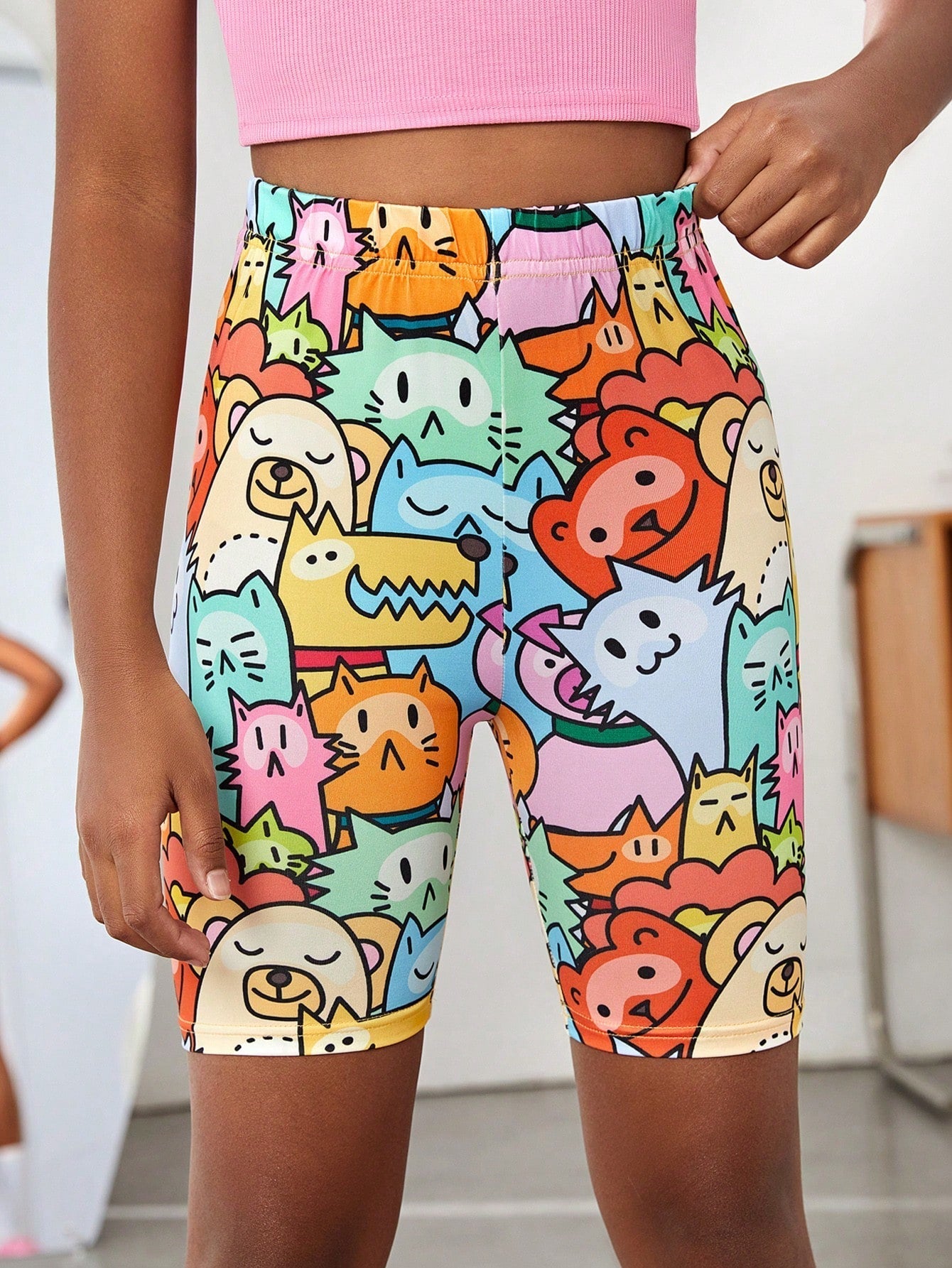 Colorful Cartoon Printed Tween Girl Knitted Cycling Leggings - High Stretch, Biker Shorts