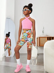 Colorful Cartoon Printed Tween Girl Knitted Cycling Leggings - High Stretch, Biker Shorts
