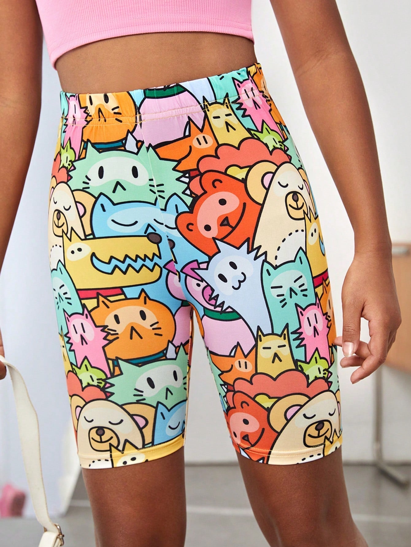 Colorful Cartoon Printed Tween Girl Knitted Cycling Leggings - High Stretch, Biker Shorts