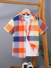 Colorful Plaid Button-Down Shirt for Tween Boys - Casual, Short Sleeve, Regular Fit