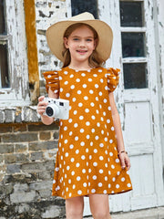 Cute Tween Girl Polka Dot Ruffle Trim Tunic Dress - Cap Sleeve, Button, Round Neck