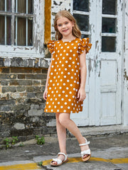 Cute Tween Girl Polka Dot Ruffle Trim Tunic Dress - Cap Sleeve, Button, Round Neck