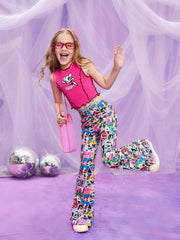 Tween Girl Flared Pants - Cartoon Print, High Waist, Rib-Knit, Elastic Waist, Medium Stretch