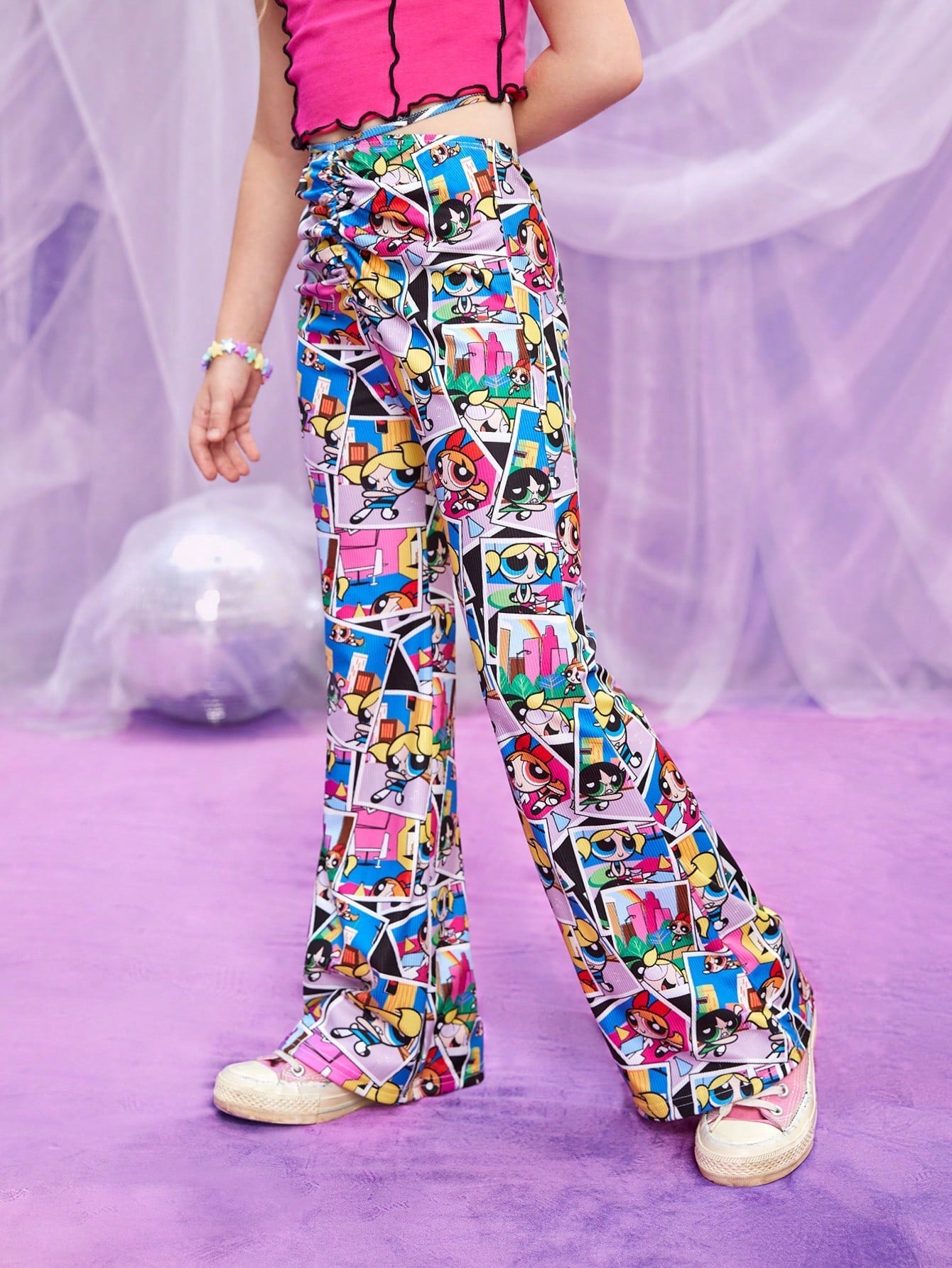 Tween Girl Flared Pants - Cartoon Print, High Waist, Rib-Knit, Elastic Waist, Medium Stretch