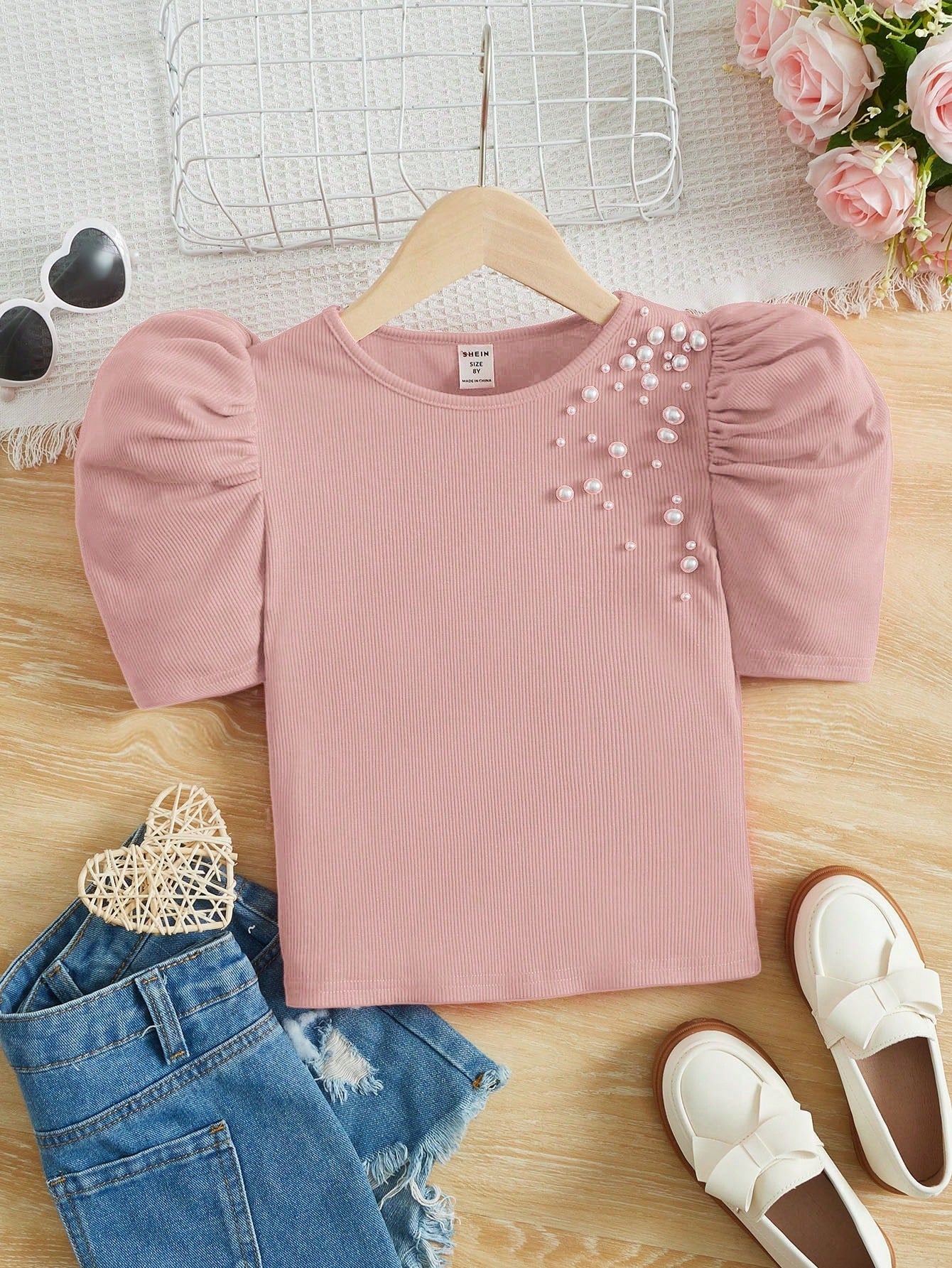 Tween Girl Puff Sleeve Tee - Pearls Beaded Detail, Casual, Rib-Knit, Forest-Safe Fibers