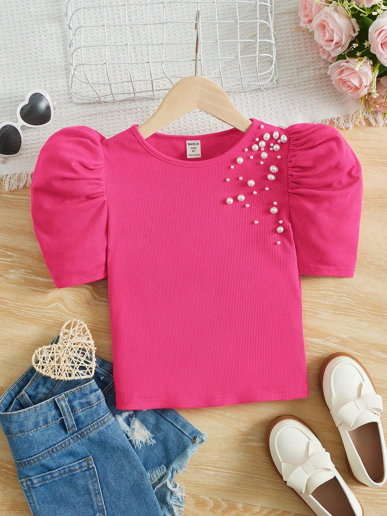 Tween Girl Puff Sleeve Tee - Pearls Beaded Detail, Casual, Rib-Knit, Forest-Safe Fibers