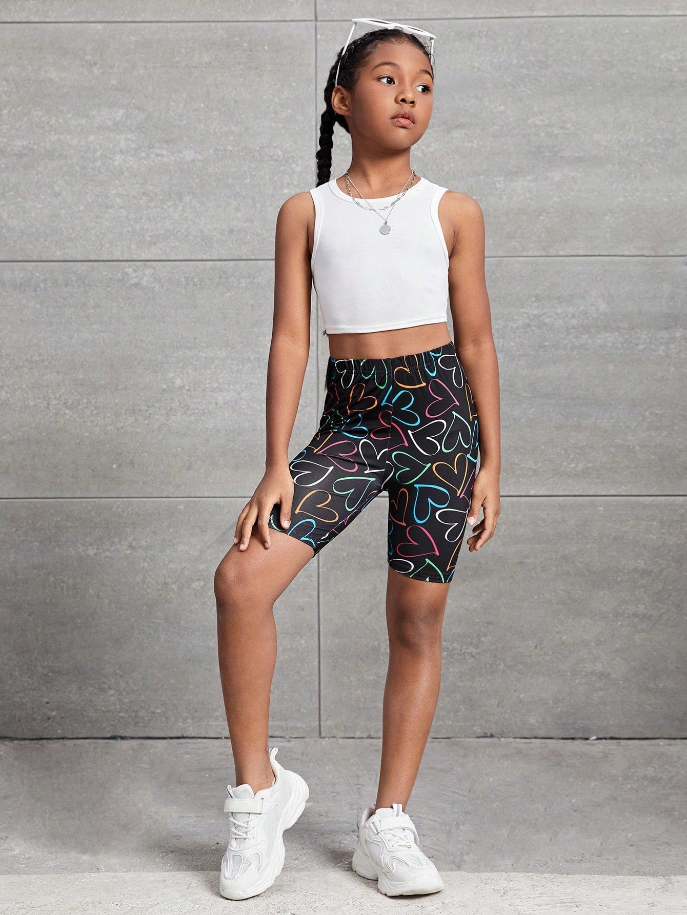 Tween Girl Multicolored Heart Pattern Knitted Biker Shorts - Medium Stretch, Machine Washable