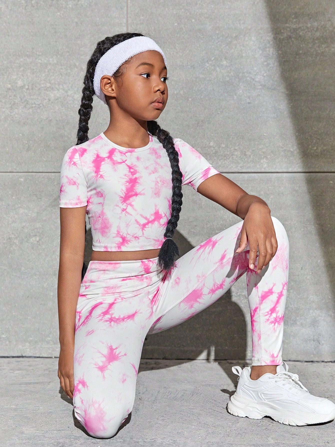 Tween Girl Tie Dye Sports Tee & Leggings Set - Slim Fit, High Waist, Medium Stretch