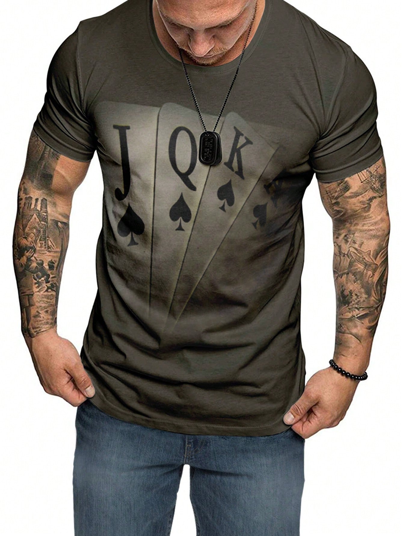 Men's Casual Playing Card Print Tee, Round Neck, Short Sleeve, Medium Stretch