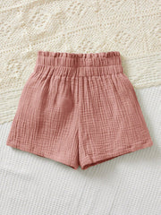 Tween Girl Casual Shorts - Paper Bag Waist, Front Button, 100% Cotton, Elastic Waist