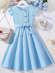 Cute Tween Girl Ruffle Trim Button Front Belted A-Line Dress - Cap Sleeve, High Waist, Midi Length