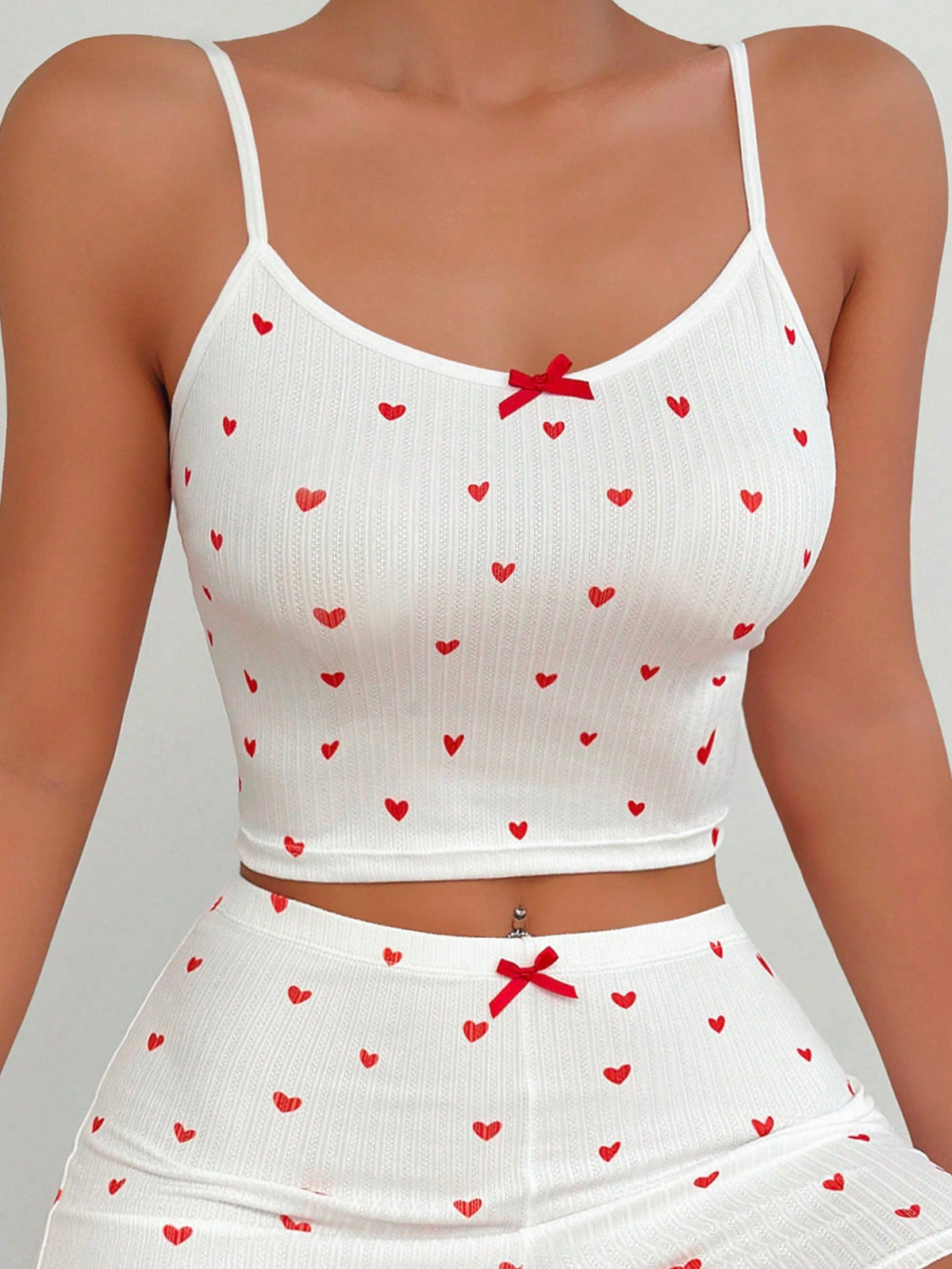 Heart Print Bow Front Cami Pajama Sleep Top