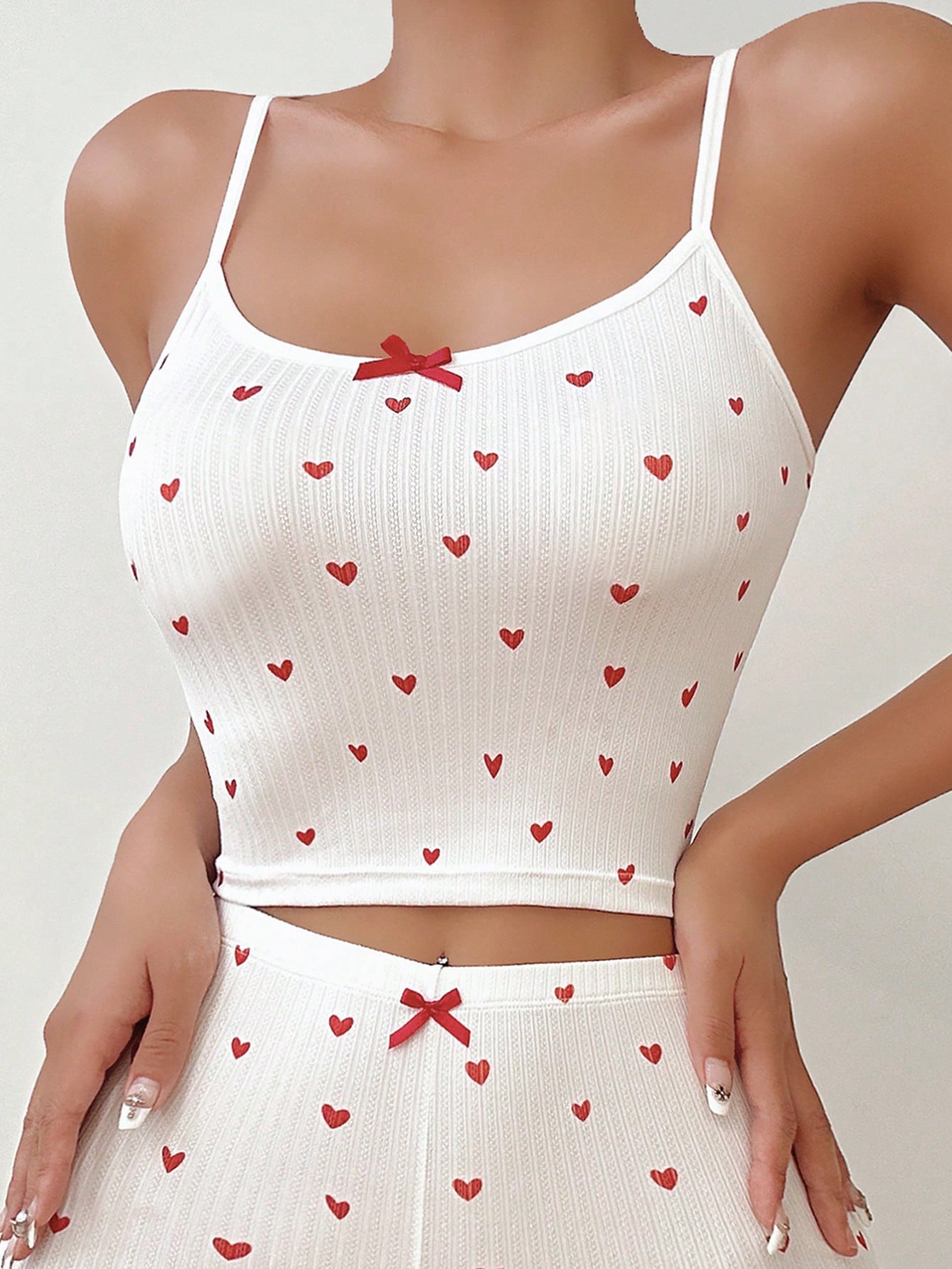 Heart Print Bow Front Cami Pajama Sleep Top