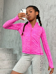 Tween Girls' Zipper Front Hooded Sports Jacket - Stand Collar, Raglan Sleeves, Knitted Fabric