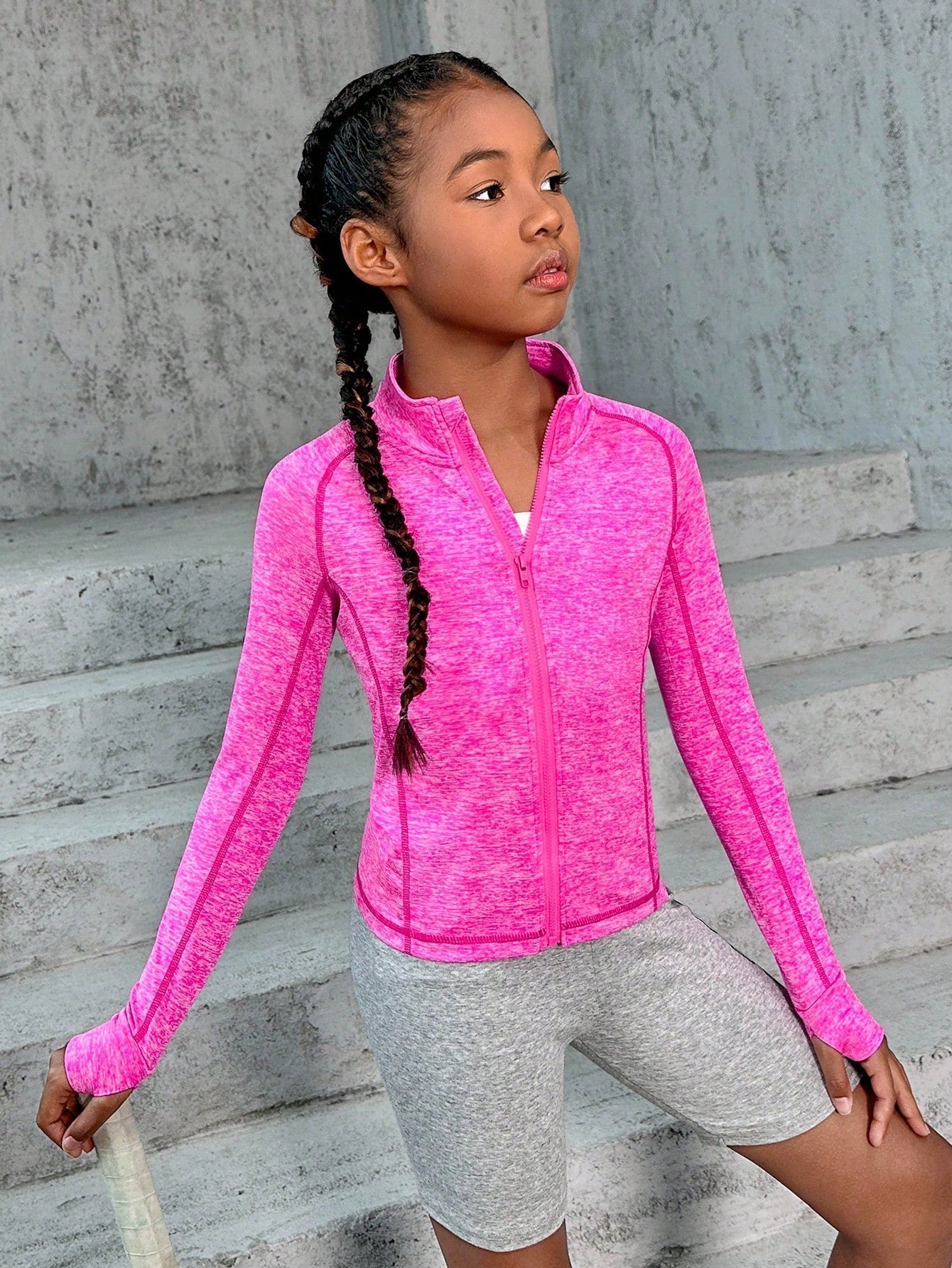 Tween Girls' Zipper Front Hooded Sports Jacket - Stand Collar, Raglan Sleeves, Knitted Fabric