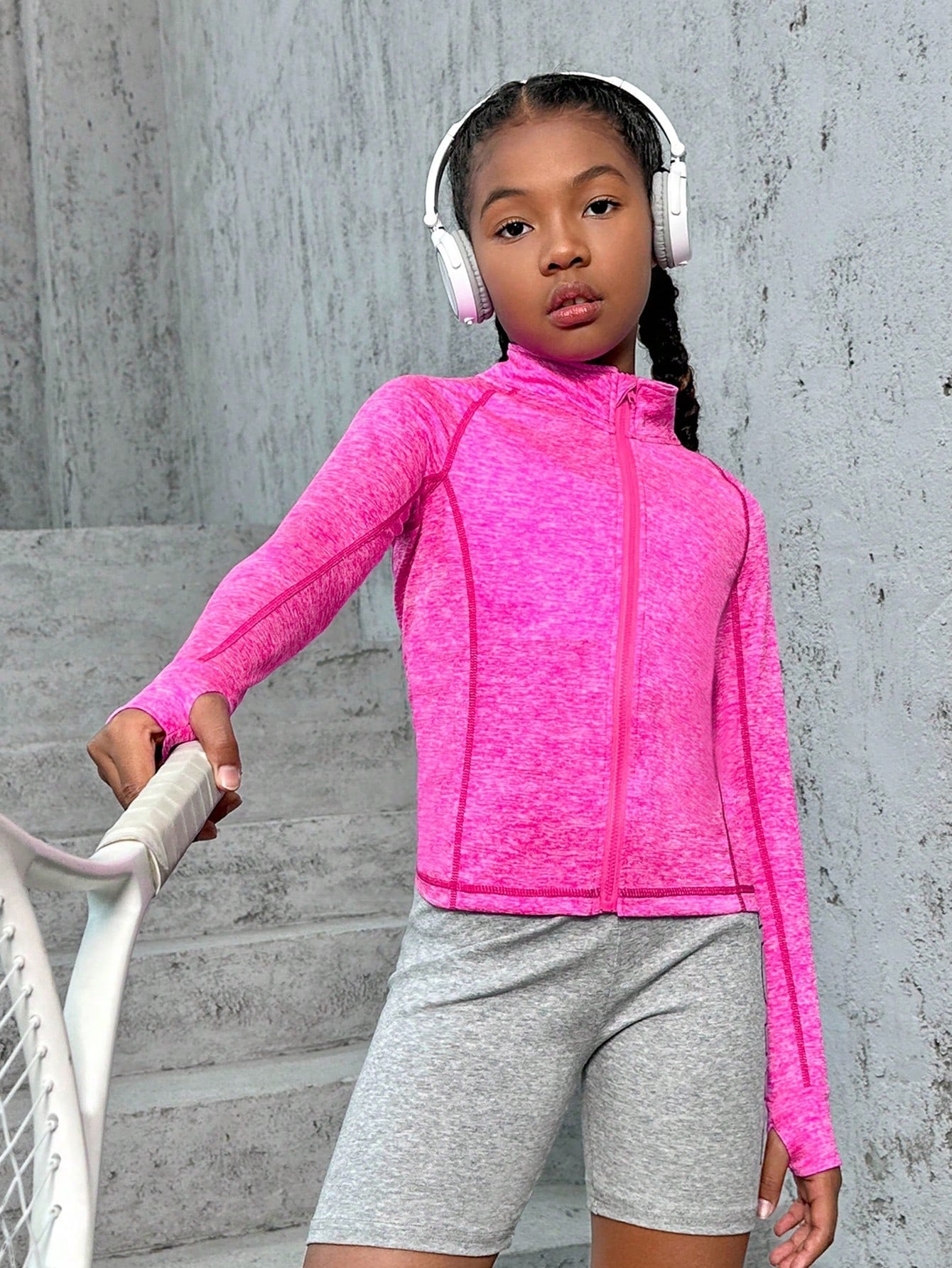 Tween Girls' Zipper Front Hooded Sports Jacket - Stand Collar, Raglan Sleeves, Knitted Fabric