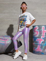 Tween Girl Holographic High Waist Cropped Leggings - Non-Stretch, Spring/Fall Wear