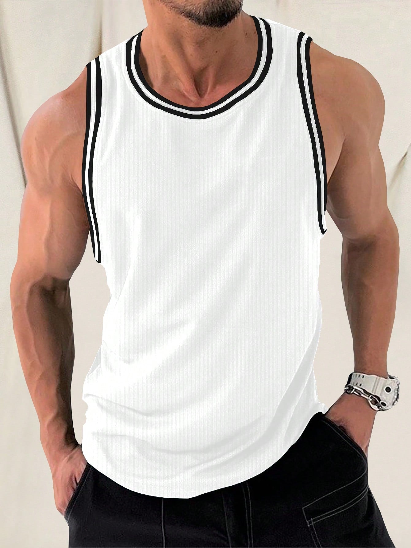 Men's Casual Striped Tank Top, Sleeveless, Round Neck, Contrast Trim