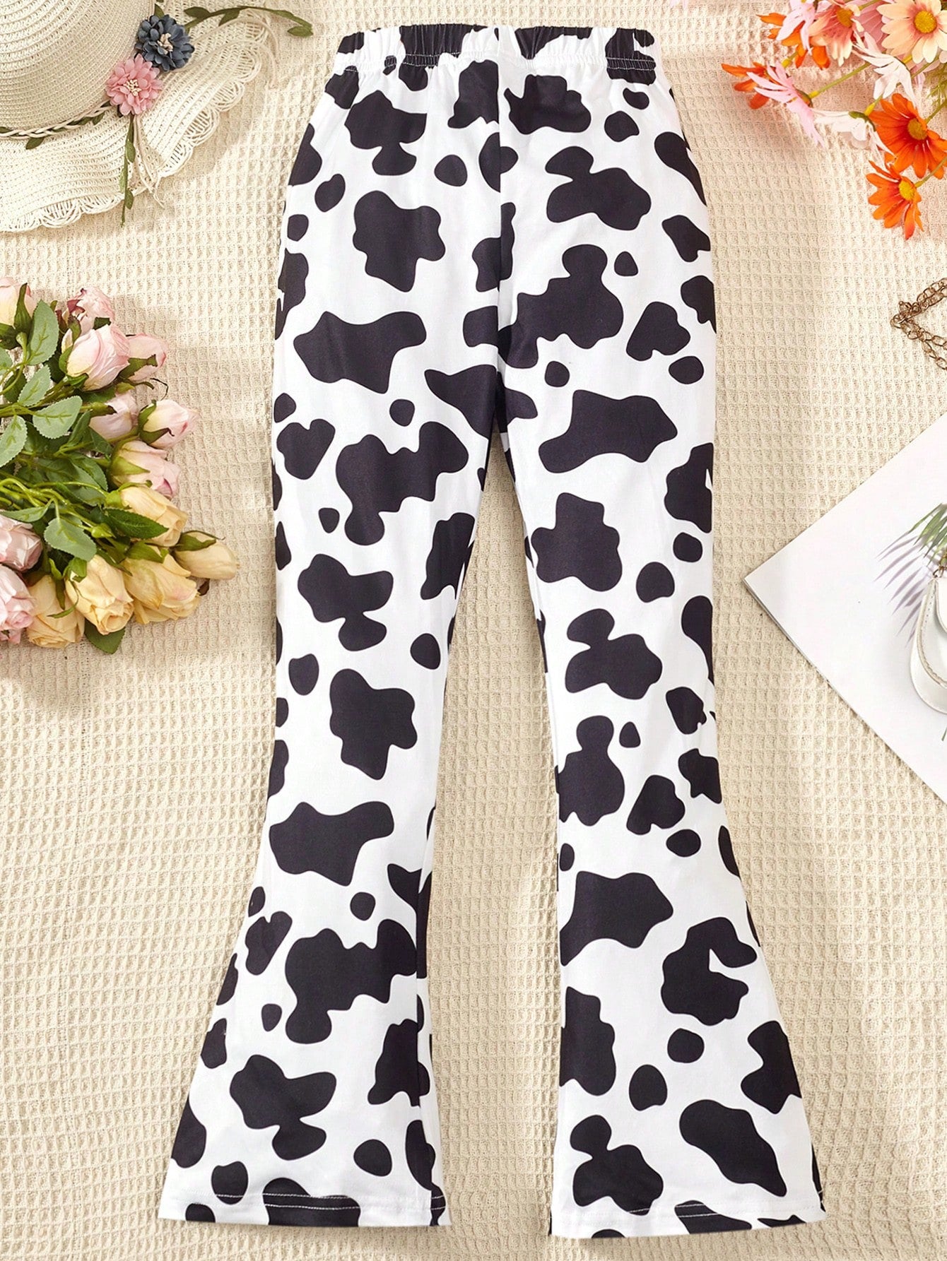 Tween Girl Cow Print Flare Leg Pants - Casual, Elastic Waist, Medium Stretch