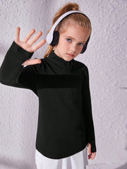 Tween Girl Ribbed Knit Half Zip Sports Sweatshirt - Stand Collar, Long Sleeve, Drop Waist