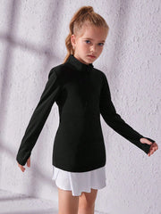 Tween Girl Ribbed Knit Half Zip Sports Sweatshirt - Stand Collar, Long Sleeve, Drop Waist