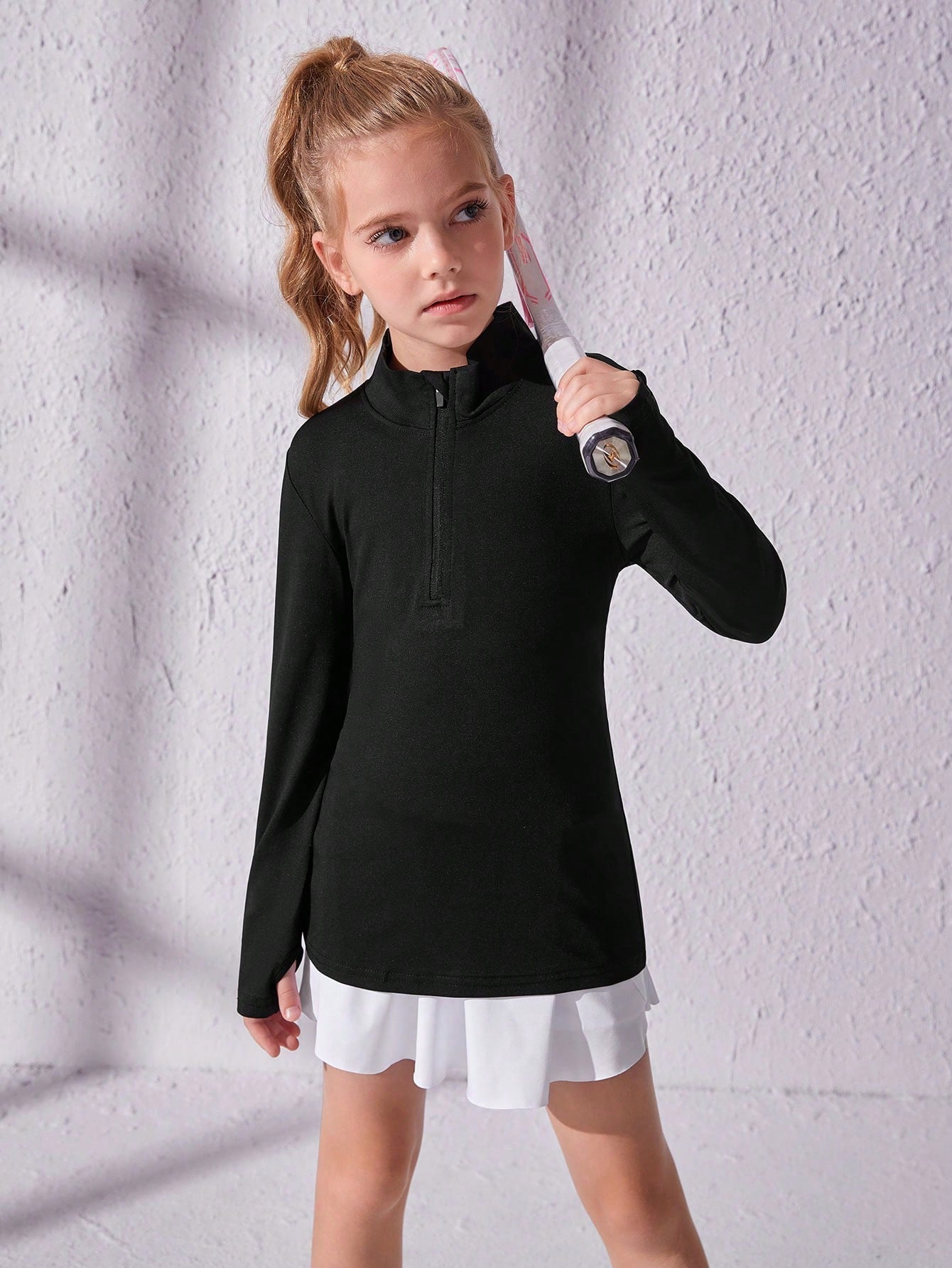 Tween Girl Ribbed Knit Half Zip Sports Sweatshirt - Stand Collar, Long Sleeve, Drop Waist