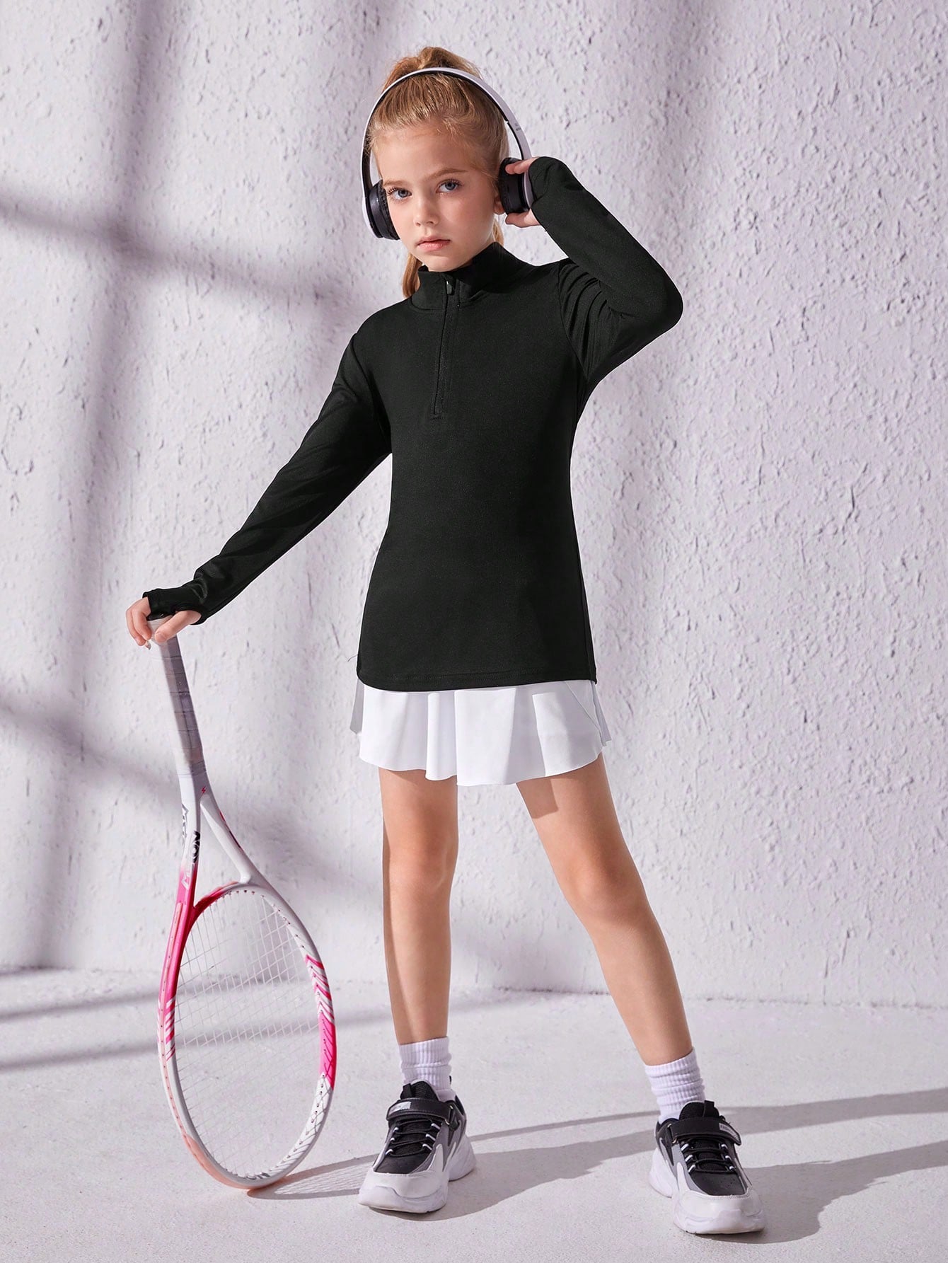 Tween Girl Ribbed Knit Half Zip Sports Sweatshirt - Stand Collar, Long Sleeve, Drop Waist