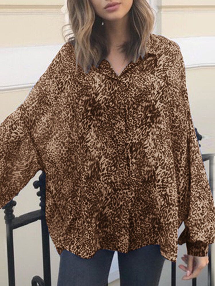 Leopard Print Lapel Collar Long Sleeve Button Daily Casual Blouse For Women