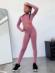 Tween Girl Long Sleeve Top & Pants Sportswear Set - Slim Fit, High Waist, Cut Out Design