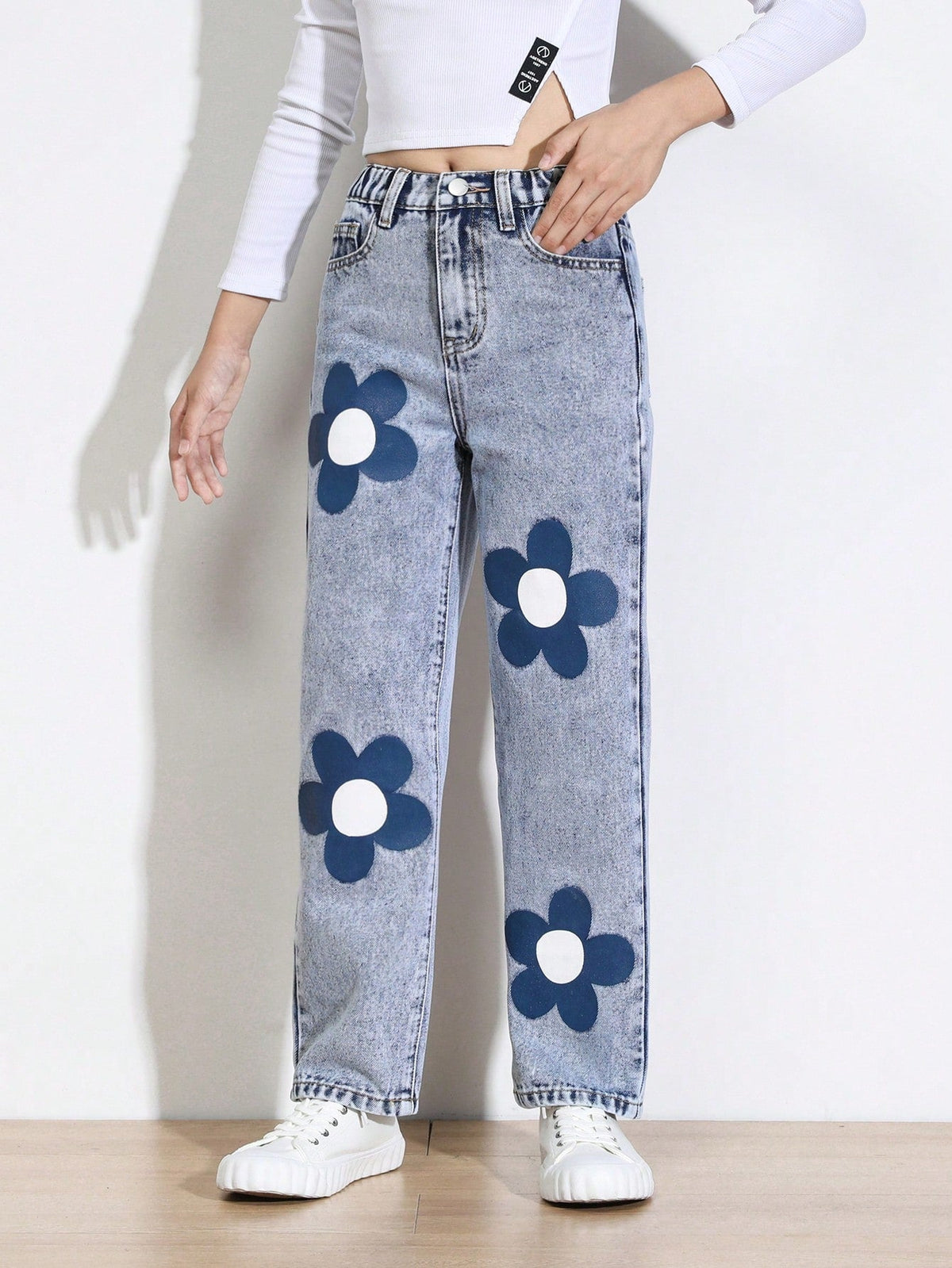 Tween Girl Floral Print Straight Leg Jeans - Zipper Fly, Natural Waist, Non-Stretch Denim