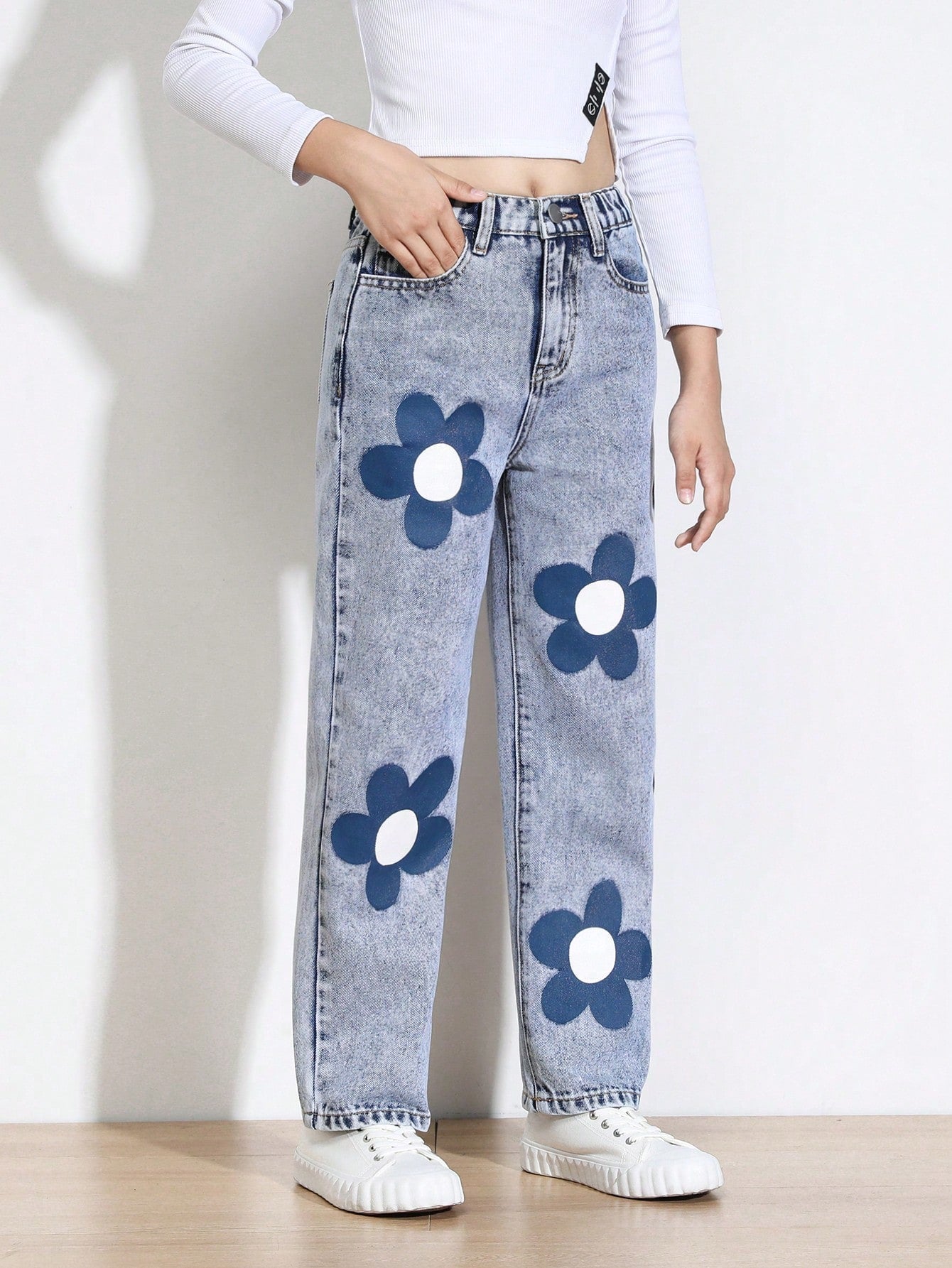 Tween Girl Floral Print Straight Leg Jeans - Zipper Fly, Natural Waist, Non-Stretch Denim