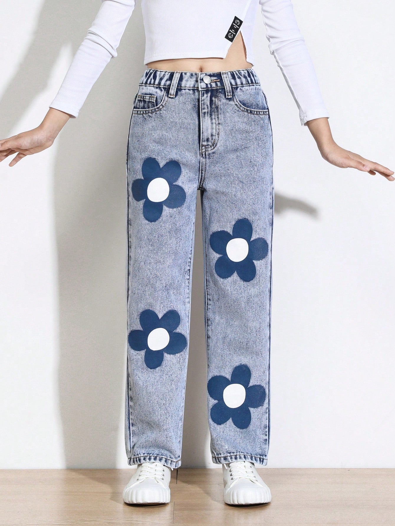 Tween Girl Floral Print Straight Leg Jeans - Zipper Fly, Natural Waist, Non-Stretch Denim