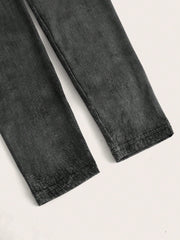 Girls' Black Denim-Look Long Leggings - Comfortable, Casual, Slight Stretch, Spring/Fall Wear