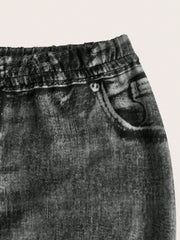 Girls' Black Denim-Look Long Leggings - Comfortable, Casual, Slight Stretch, Spring/Fall Wear