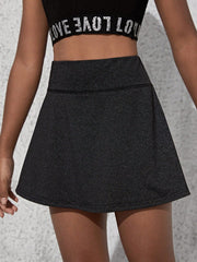 High Waist Tween Girl Sports Skort with Phone Pocket - Flared, Elastic Waist, Long Length