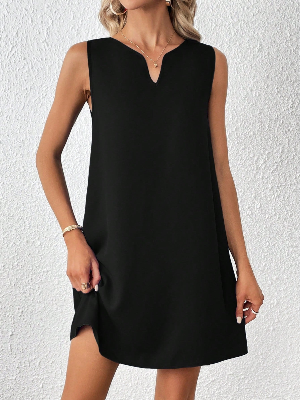 Casual Sleeveless Tank Dress - Notched Neckline, Recycled Material, Short Length