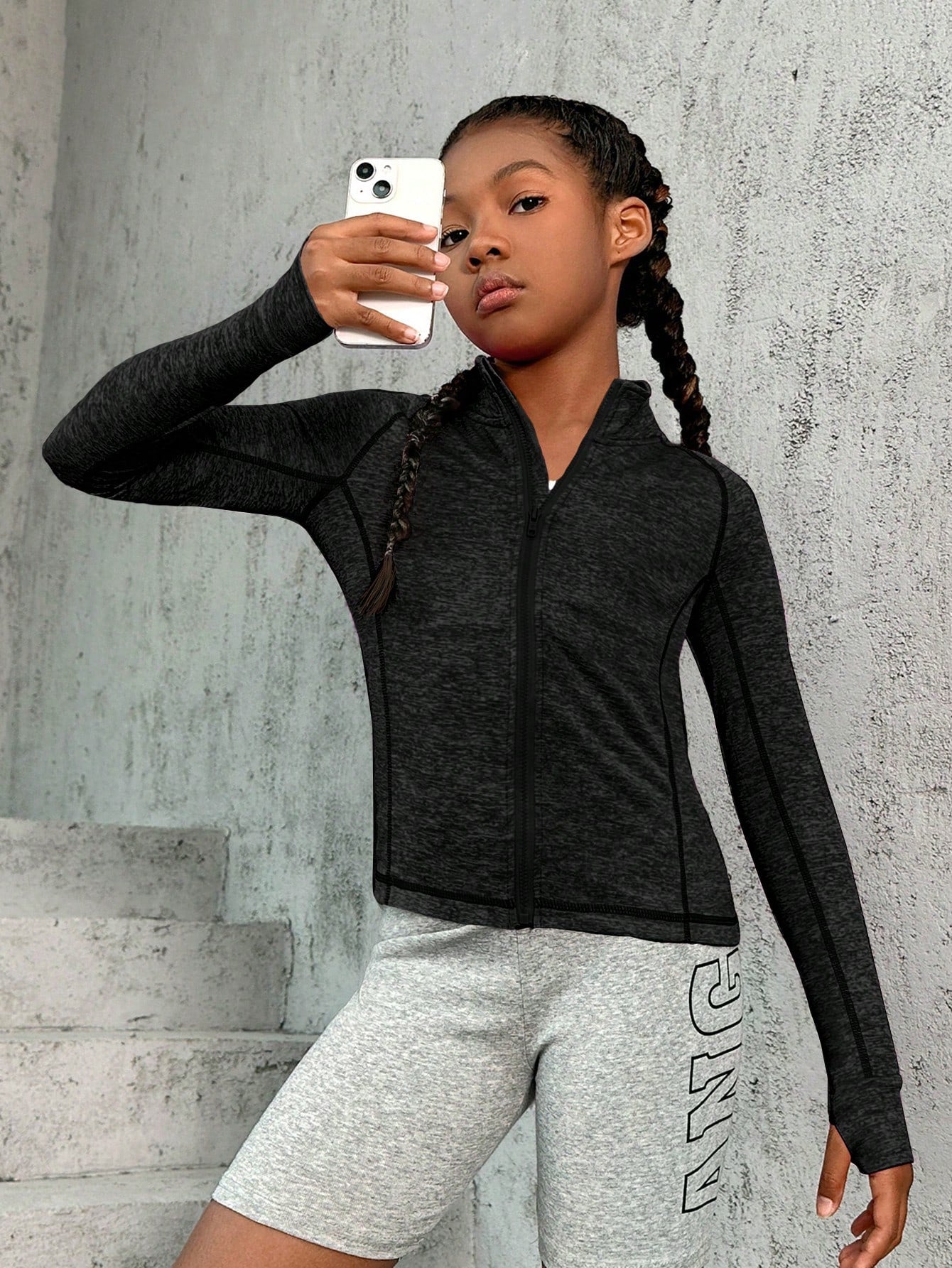 Tween Girls' Zipper Front Hooded Sports Jacket - Stand Collar, Raglan Sleeves, Knitted Fabric