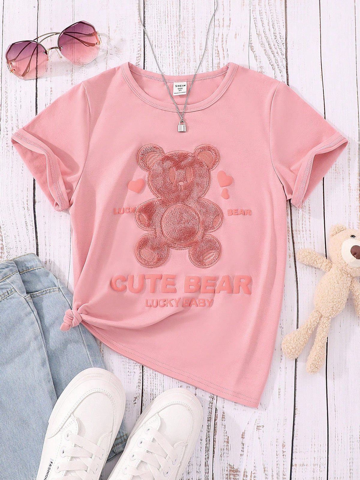 Tween Girl Casual Bear & Letter Graphic Tee - Round Neck, Short Sleeve, Regular Fit