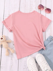 Tween Girl Casual Bear & Letter Graphic Tee - Round Neck, Short Sleeve, Regular Fit