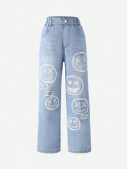 Tween Girl Cartoon Graphic Straight Leg Jeans - Zipper Fly, Natural Waist, Denim